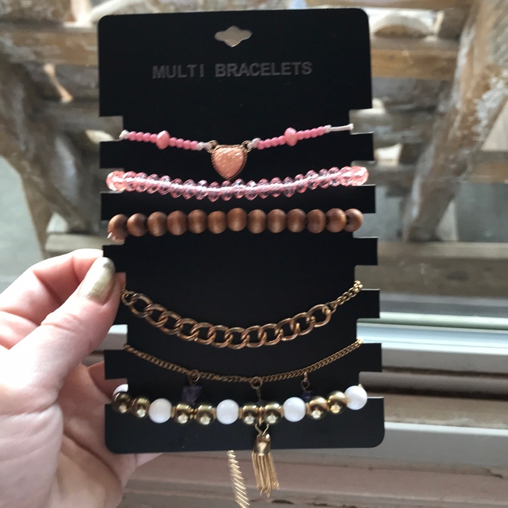 Multi bracelets, pink/rose gold/gold